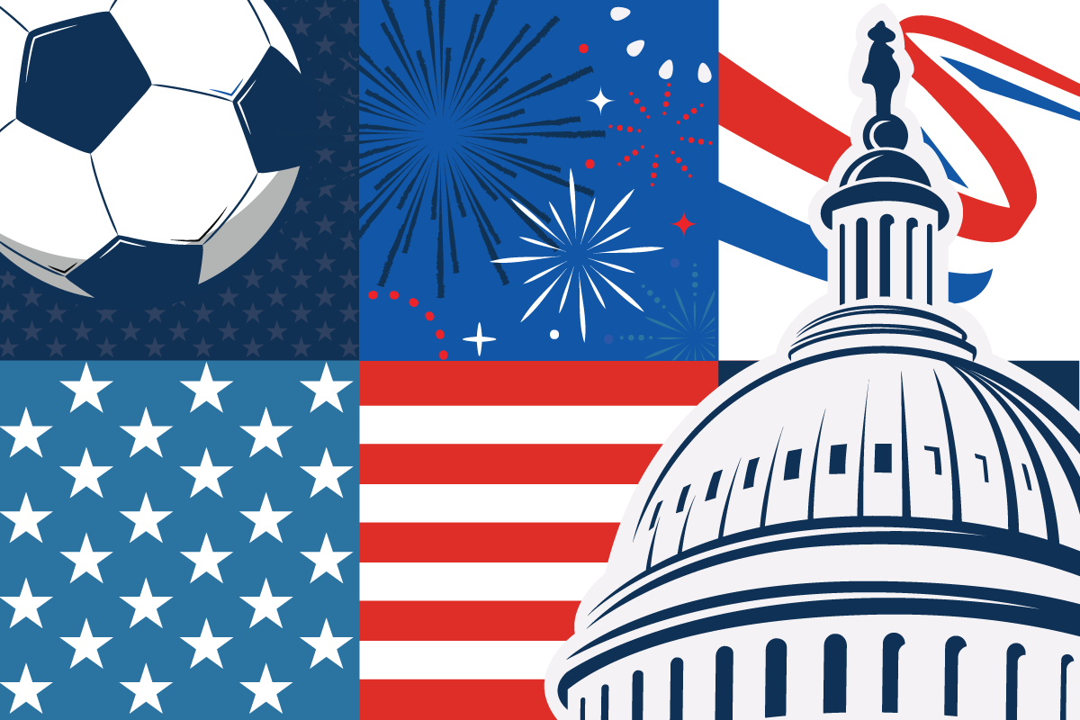 American graphic collage of flag, soccer ball, fireworks, capitol dome